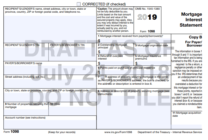 2019 draft form 1098 Copy B for mortgage interest reporting